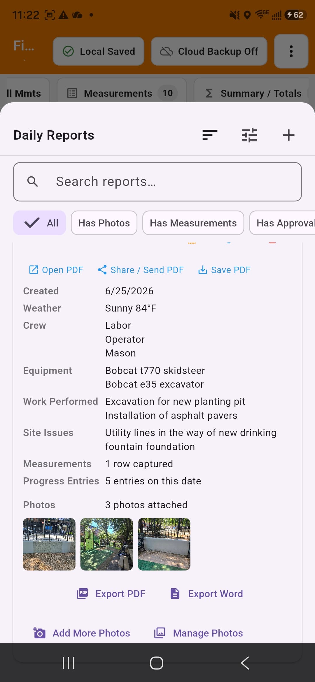 FieldTakeoff daily report history view