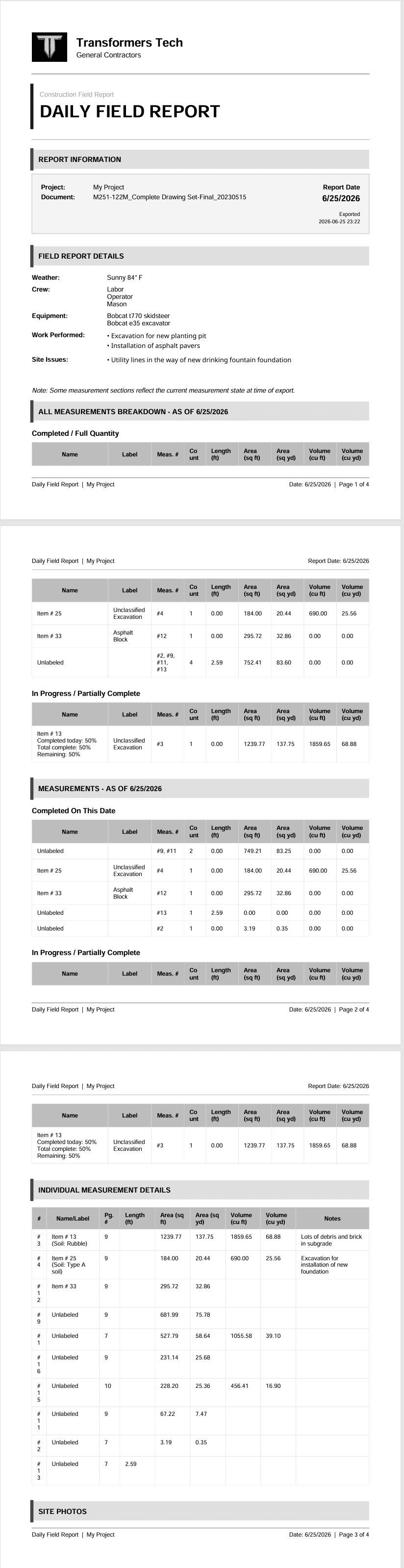 FieldTakeoff daily report PDF