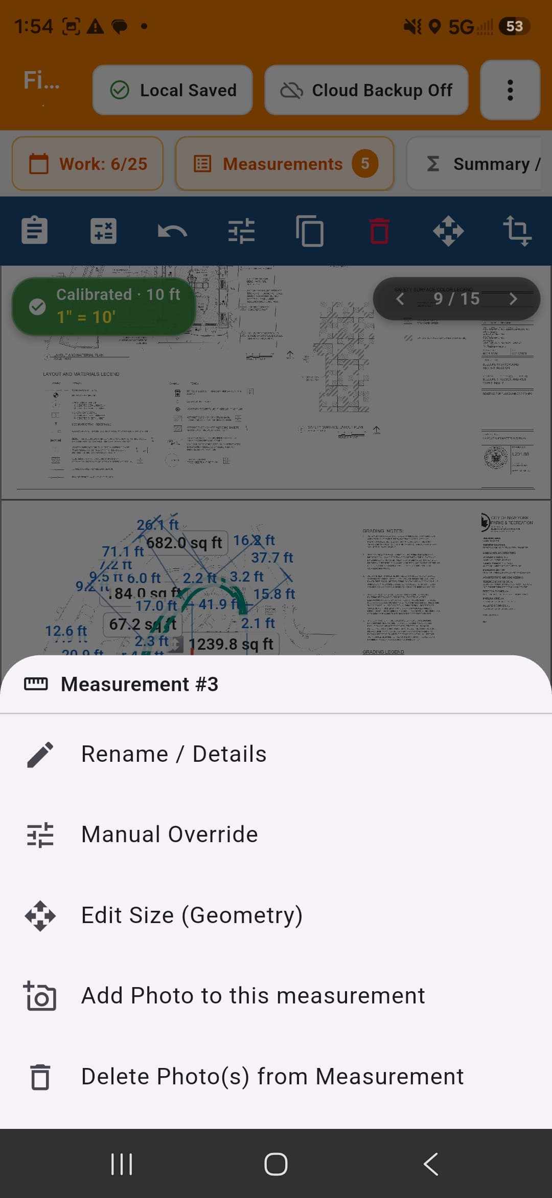 Measurement actions menu