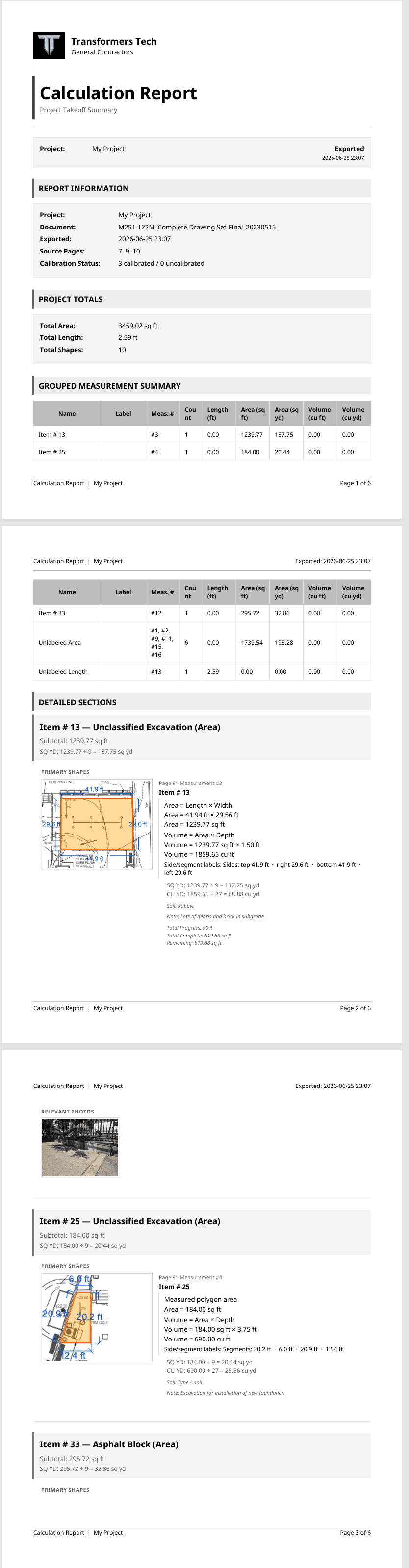 FieldTakeoff professional calculation report